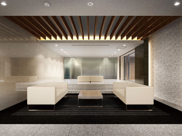 Features of the building.  [Hall & Lounge] Consisting of lounge with directing an intimate atmosphere in a convenient hall and a sofa and carpets in waiting "Hall & Lounge". Such as the reading of the chat and the diversion of the residents comrades and guests, It is a community space where you can use it freely. (Rendering)