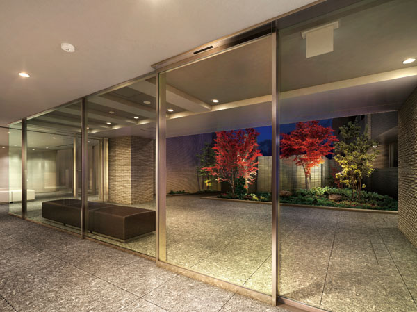 Features of the building.  [Inner Garden] Thing I wanted what the house of the city, It does not take other natural breath that familiar feel. The entrance back, Prepare a terrace which arranged the inner garden and a bench full of taste of the sum. Fun the flow of when quiet-free, It is a sophisticated natural space. (Rendering)