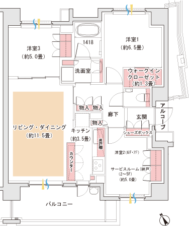 K type 2LDK + S + WIC (2 ~ 5F)3LDK+WIC(6F ・ 7F) footprint / 72.84 sq m  Balcony area / 9.62 sq m outdoor unit yard area / 0.87 sq m