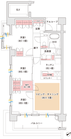 L type 3LDK + N footprint / 72.96 sq m  Balcony area / 10.71 sq m outdoor unit yard area / 1.35 sq m