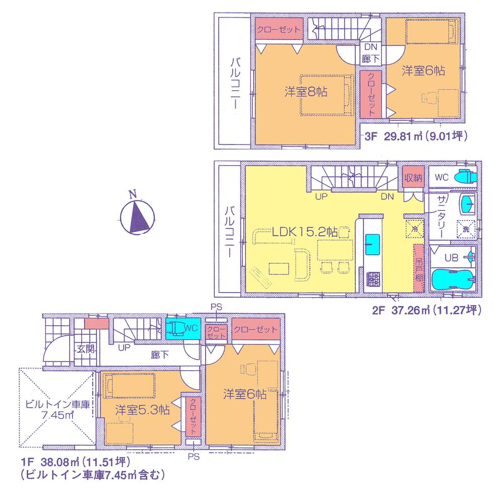 Floor plan. (3 Building), Price 36,800,000 yen, 4LDK, Land area 80.63 sq m , Building area 105.15 sq m