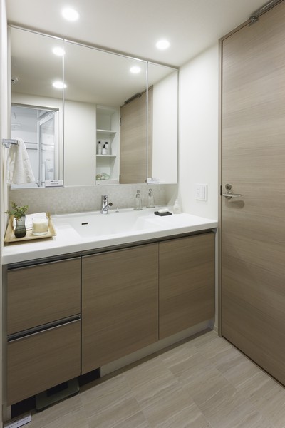 Wash room that can be used "three-sided mirror back housing" is provided