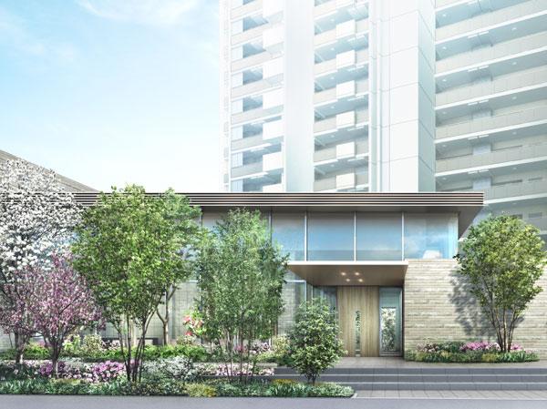 Features of the building.  [Also give peace around, The oasis that symbolizes the city] While remembering dignified atmosphere, To design that incorporates an element of "peace". Add to approach, Planting of the theme of the color of the "Four Seasons gate". In Spring, Summer, Fall, Winter ..., Birth to pride of the people who live, Bouncing a person's mind to visit here. (Entrance Rendering CG)