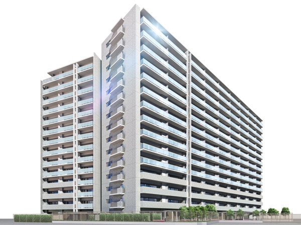 Features of the building.  [Appearance a mix warmth and smart sense] Rich planting is Nestled as if to wrap warmly shared building, Impression of the lounge, such as the lobby of the hotel with a feeling of opening is, It welcomed gently live person. Residential building has adopted a high-quality design feel the city, Long this residence suitable to live. (Exterior CG)