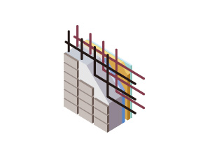 Building structure.  [Double reinforcement] The main walls and floor, Adopt a double reinforcement assembling a rebar to double. It has achieved a high strength. (Conceptual diagram)