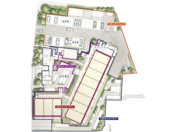 Security.  [Triple security line is the rest of the day to the family] Because it takes time heart calm, The first order is the site boundary, etc., Second is common areas, Third is proprietary part, When we laid the security line to triple. Of security cameras Ya multiple locations up to the proprietary part, It has extended safety in the 24-hour remote monitoring system according to the ALSOK. (Security line conceptual diagram)