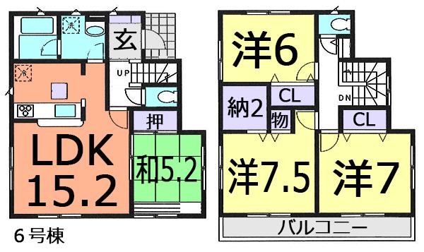 Floor plan. (6 Building), Price 29,800,000 yen, 4LDK+S, Land area 120.1 sq m , Building area 96.39 sq m