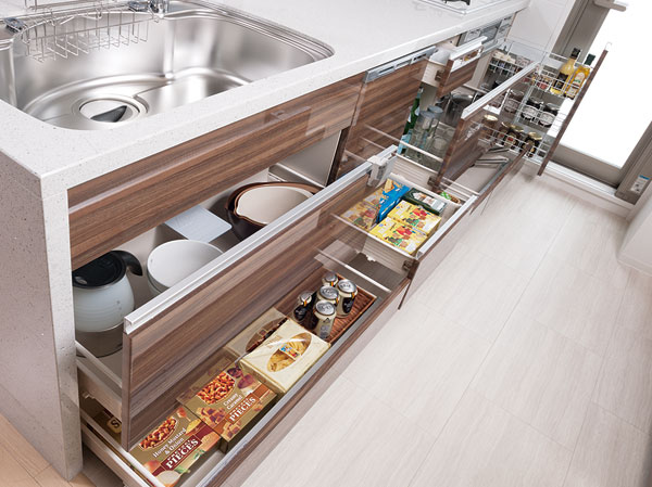 Kitchen.  [Slide storage] Colorful, comfortable accommodated, It is an important point of the kitchen of usability. Adopted also put away easily taken out easily slide housed thing back.