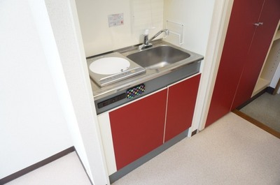 Kitchen. Mini-kitchen with red was accented