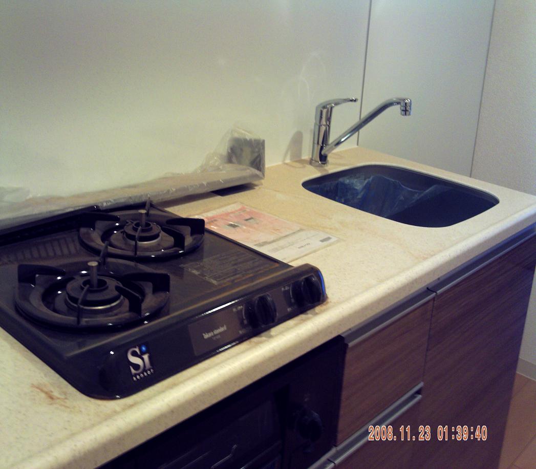 Kitchen. System K of city gas two-burner (bake fish on the grill).