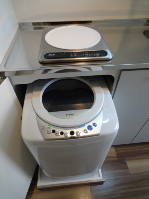 Kitchen. Washing machine under IH stove