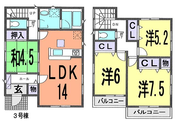 Floor plan. (3 Building), Price 41,800,000 yen, 4LDK, Land area 100.09 sq m , Building area 92.34 sq m