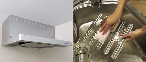 Kitchen.  [Very clean food] Range hood which adopted the new filter structure called a "leaf plate". Without clogging, Making it easy to easier to drop the dirt with a sponge.