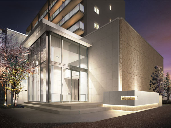 Shared facilities.  [Main Entrance] Main entrance, The face of the mansion. Gentle light spilling from glass became Fukinuki. Coupled with the beautifully lit up the cherry tree, Magnificent is high welcome design the people who live. (Rendering CG) ※ Rendering CG posted below are those that caused draw based on the drawings of the planning stage, shape ・ In fact a slightly different color, etc..