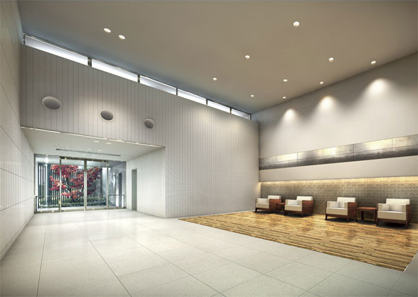 Shared facilities.  [Entrance hall] Once walking into the mansion leaves the door of the entrance, It spreads spacious lounge. Satisfy the gathering place in the pleasant air, Devised to adopt the ceiling height and light. Green with views through the glass becomes interior to heal the mind, It flows quality relaxation time. (Rendering CG)