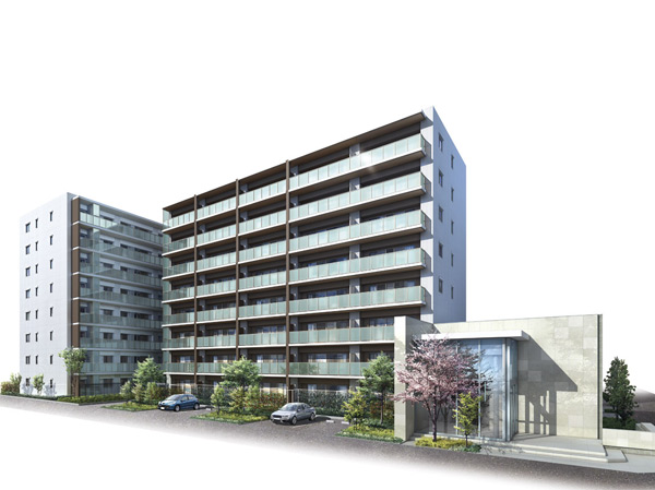 Features of the building.  [Bright and airy location that combines the view] For the grounds of the south side there is no concern of the previous story, Many setting the south-facing residential units that can be enjoyed to the full extent the open-minded views and full of sunshine. It has adopted a distribution building planning which colors brighten the reunion scene of the family. (Exterior CG)