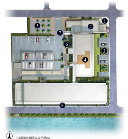 Features of the building.  [Listen to the voice of the earth, Incorporating the characteristics] It is the landscape of the theme to cherish the planning area of ​​the property. The presence of large water, Impressive tranquility. Was expressed in the planting of the premises a comparison of the dynamic and static as the "water flow". Taking advantage of the three-way corner lot, South ・ North ・ To have a unique look to the east each side, It aims to light and green harmony. (1) Entrance (2) lounge (3) first floor private garden (4) roof terrace ※ Open limited during the fireworks period (5) self-management park (6) the courtyard space (7) sub Entrance (8) south-facing dwelling unit. (1 Kaishikichi placement Rendering CG)