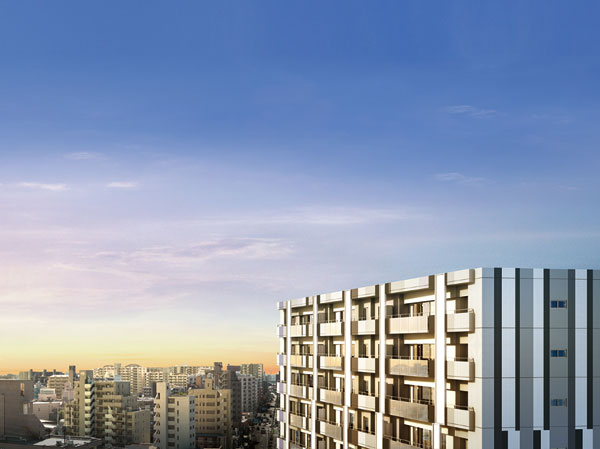 Buildings and facilities. The building is a part of the calm ground 5-storey, There is a 13-storey part of burgeoning in the sky, Arranged emphasize Marion a vertical line on the east side of appearance, 2 ~ A unique design that crossed every three hierarchy has created a sharp sensibility. Spread is more open-minded view from the high-rise building on the upper floors, It brings special comfort to every day.  ※ Exterior - Rendering (photo overlooking the downtown district from the 10th floor of the local (in fact a somewhat different in a composite of Exterior view in September shooting 2013))