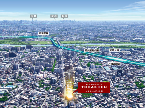 Surrounding environment. While housed the city center in the hands in the nimble access, It has spread the blue sky and the nature of the moisture in the town to return. Blessed with lush greenery, Full of colorful convenience Todakoen. As a stage to draw a new life of this town, Commitment to the open feeling and the sense of quality to detail, 56 House that nestled the sophistication of quality to meet the person who live. Residence to live in forever ish myself smart, <Renaissance Todakoen> birth.  ※ Empty around local shooting (in fact a slightly different is subjected to some CG work in was taken in September 2013)