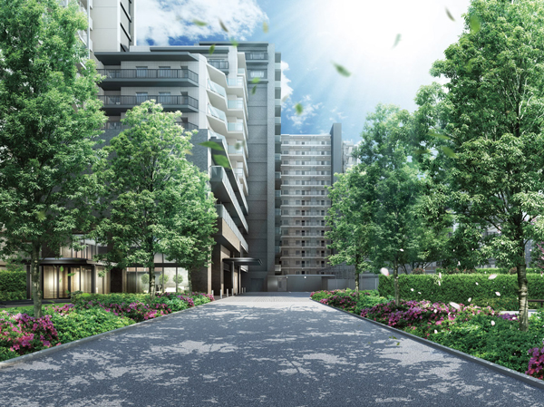 Features of the building.  [Gate Street] Approach of green Jing ・ Gate Street. time, And green scenery to show me the various expressions depending on the season, Live person who gently invites gate Street (Rendering).