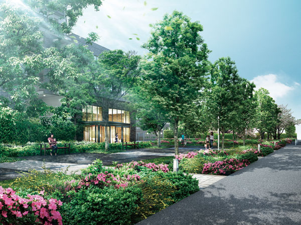 Features of the building.  [Invigorating sunshine filtering through foliage promenade to exit the grove] Aimed at the house that was nestled in the beautiful scenery to begin to create a natural "City Terrace Todakoen". The approach leading to the Grand Entrance, We established the "sunshine filtering through foliage Promenade (square-shaped open space)," which arranged Takagi of zelkova and evergreen oak.  Trees swaying in the wind, Green sparkling in the light pours. It spreads refreshing landscape of summer that has been colored by nature. (Rendering)