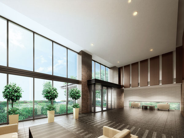 Features of the building.  [Sumptuously, Grand entrance hall full of a feeling of opening of a two-layer blow] In overwhelming sense of openness, Grand Entrance Hall boasts a ceiling height of about 4.5m greet the residents (meeting room).  A sense of unity and rich lighting with the external space is born by the glass curtain wall of the wall-to-wall, More will produce a greater sense of openness. While admiring the green scene that spread through the glass, You can enjoy moments of relaxation. (Rendering)