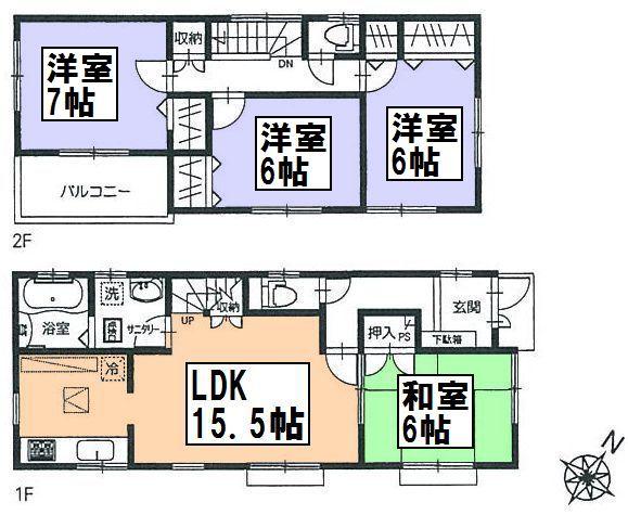 Floor plan. (Building 2), Price 34,800,000 yen, 4LDK, Land area 107.91 sq m , Building area 97.7 sq m