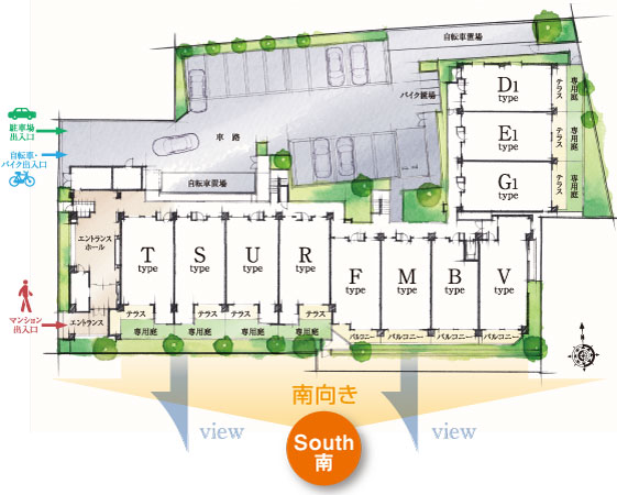 Features of the building.  [Site layout] All 66 Eucommia, 54 units (81 percent) was the south-facing, Planning full of brightness.