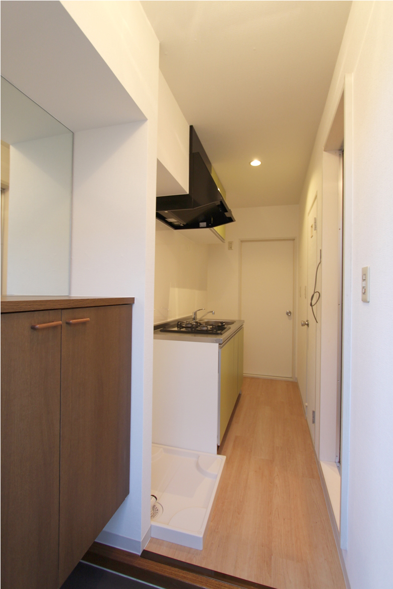 Entrance. Large mirror placed on the shoe box! 