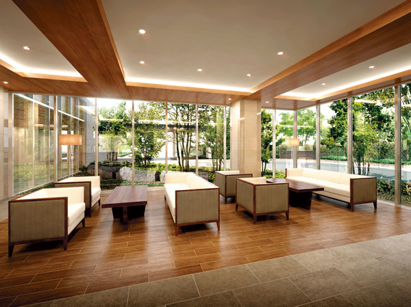 Features of the building.  [Location of Calm enjoy the expression of the plant to feel through the window] Live better and lounge space to welcome the guest in the "Garden Lounge", days, Swell a little talk with your friends while wrapped in the plant to change the facial expressions. here, Communication is the space born with nature. (Rendering)