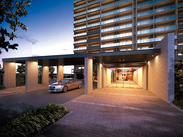 Features of the building.  [entrance] As the walk the ground approach that colored a certain depth to the effect of expressive planting, The feeling from the public to private, You slowly unleashes. Grand entrance of Yingbin was recessed from the street, It welcomed gently people who came back. (Rendering)