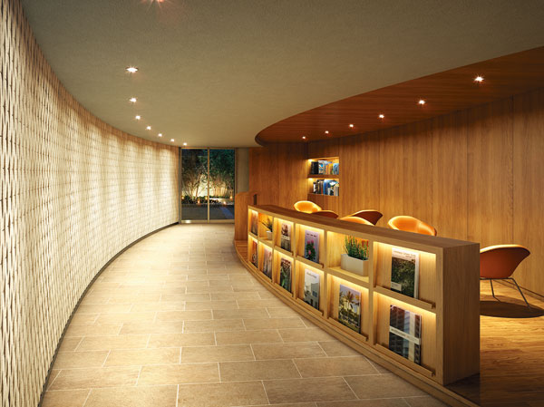 Features of the building.  [Center Lounge] The prologue to a private in the space, Peace crosses and tranquility. Wraps friendly down light a space that connects from the entrance hall to the private residence, Bustle of up to it and to peace, It switched to the quiet. And it has indulged in reading entrusted himself to the peaceful air of the center lounge, Also slow the flow of somewhere time. (Rendering)