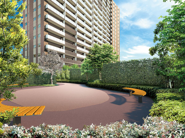 Features of the building.  [Play lot] Garden surrounded by rest in a variety of planting, such as azaleas and evergreen oak. Guests can enjoy, such as slowly basking in the sun at the installation has been bench. (Rendering)