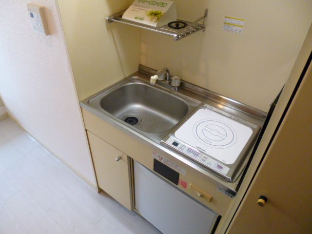Kitchen. It comes with a small refrigerator.