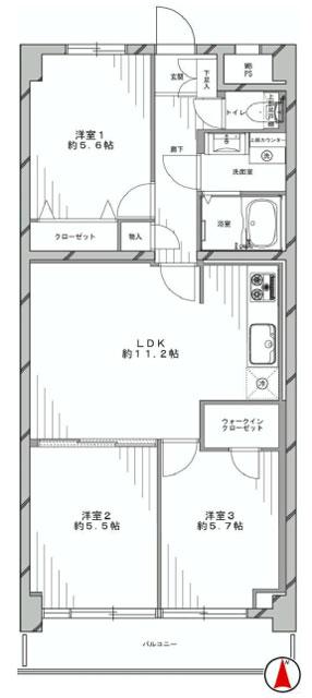 Floor plan. 3LDK, Price 20.8 million yen, Occupied area 63.18 sq m , Balcony area 6.48 sq m