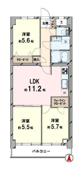 Floor plan. 3LDK, Price 20.8 million yen, Occupied area 63.18 sq m , Balcony area 6.48 sq m