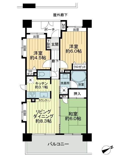 Floor plan. 3LDK, Price 31,900,000 yen, Occupied area 60.07 sq m , Balcony area 12.2 sq m