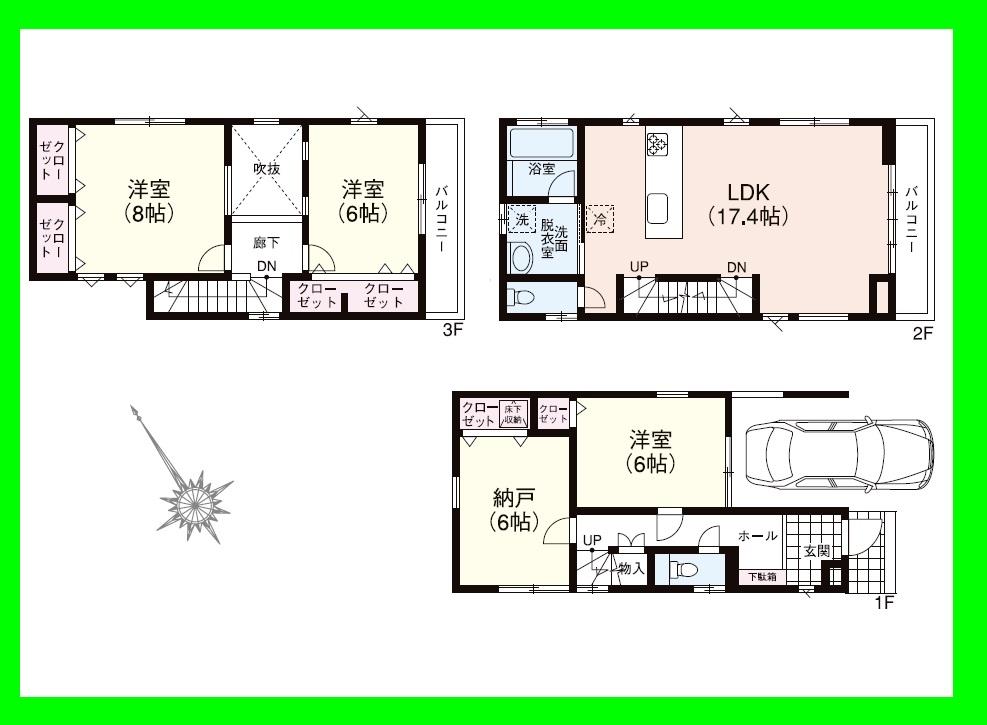 Floor plan. (Building 2), Price 39,800,000 yen, 3LDK+S, Land area 73.96 sq m , Building area 120.06 sq m