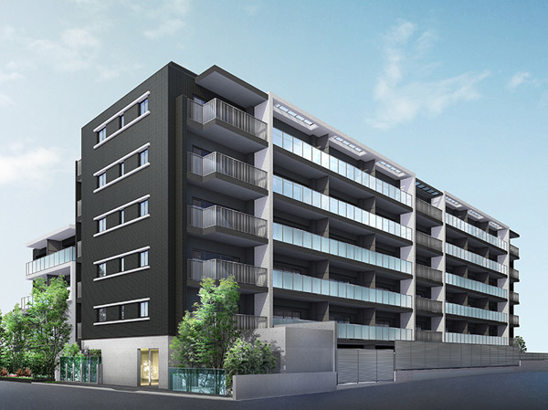 Buildings and facilities. Massive appearance that was a stylish entrance and black tones. South-facing dwelling unit rate of about 73% ( ※ 2), 3LD ・ Residence of K center.  ※ Exterior - Rendering  ※ 2 south-facing dwelling units about 73% rate and is, All 72 Eucommia 53 households is based on the proportion of south-facing dwelling unit.