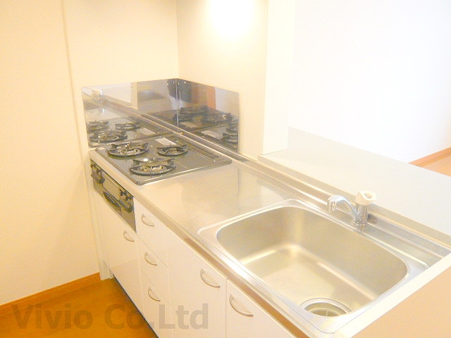 Kitchen. Stove is equipped with grill.