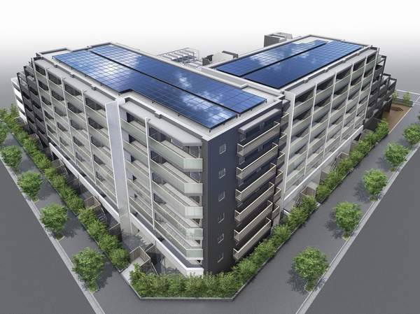Features of the building.  [Apartment door to door to the "solar power plant"] You can receive the purchase of surplus power by the power company in response to the feed-in tariffs. 5 sheets of solar panels per units are installed on the roof of the apartment, Power by solar power is supplied directly to each household. Also surplus of power is available to be sold to the power company.  ※ Depending on your situation and the weather, Solar power generation amount becomes only use content in the dwelling unit, There is a case where electricity sales amount to the power company does not occur. (Rendering)