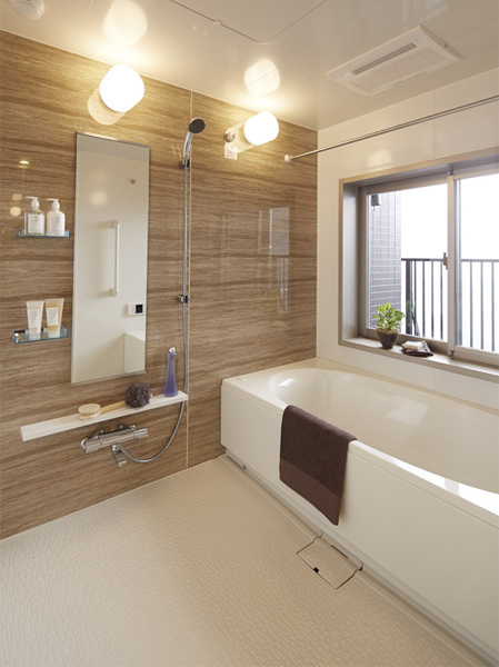 Bathing-wash room.  [bathroom] Ya one push drain plug that only can be easily drained the hot water in the bathtub press, Care is easily, Bathroom was adopted, such as fast-drying floor to keep the space with a cleanliness. (Model Room B-Aw type (model room plan) ※ Including some paid options / August 2013 shooting)