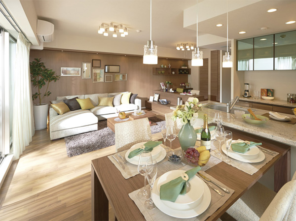 Living.  [living ・ dining] "Zentei southeast feeling open and hit yang of charm ・ Southwest "facing. To achieve Haisasshi a height of about 2000mm, It brings excellent lighting properties and relaxed livability. Also, Enhancement also equipment to ease the housework. (Model Room B-Aw type (model room plan) ※ Including some paid options / August 2013 shooting)