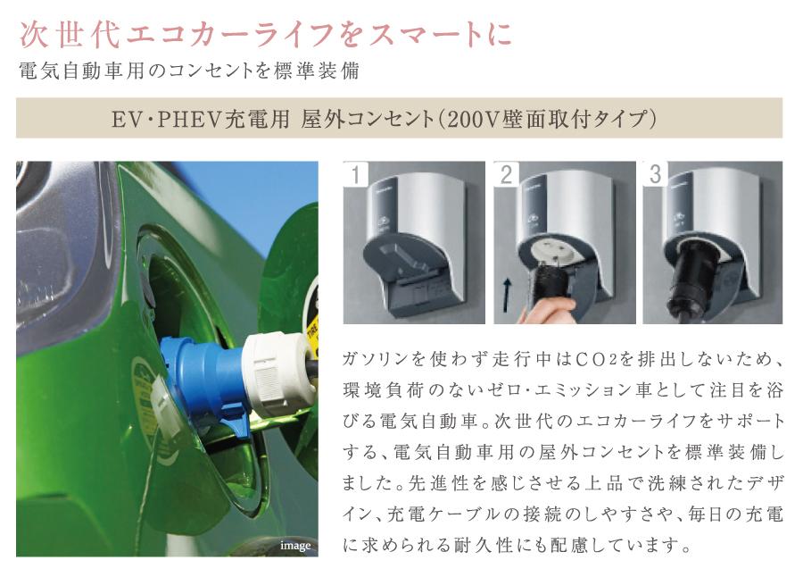 Other Equipment. To support the next generation of eco-car life, An outdoor electrical outlet for an electric vehicle has been standard equipment. The ease of connection of the charging cable Ya, Also with consideration to the durability required for each day of the charge. 