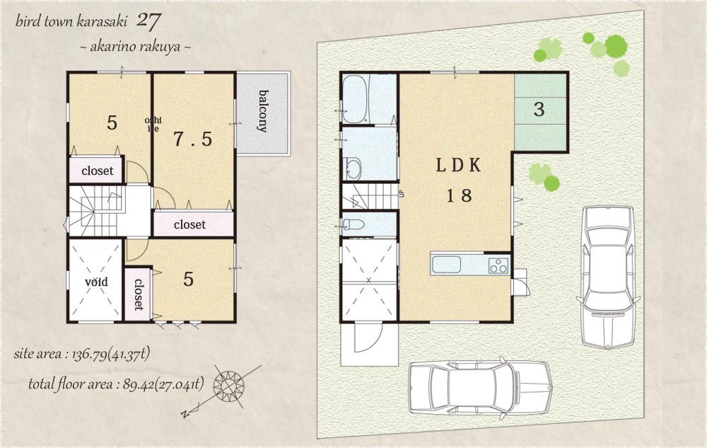 Floor plan. (Bird Town Karasaki No. 27 locations), Price 22,490,000 yen, 3LDK, Land area 136.79 sq m , Building area 89.42 sq m