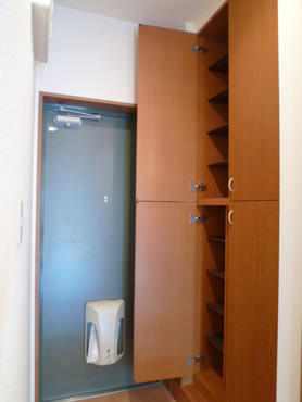 Entrance. Is a shoe box storage lot.