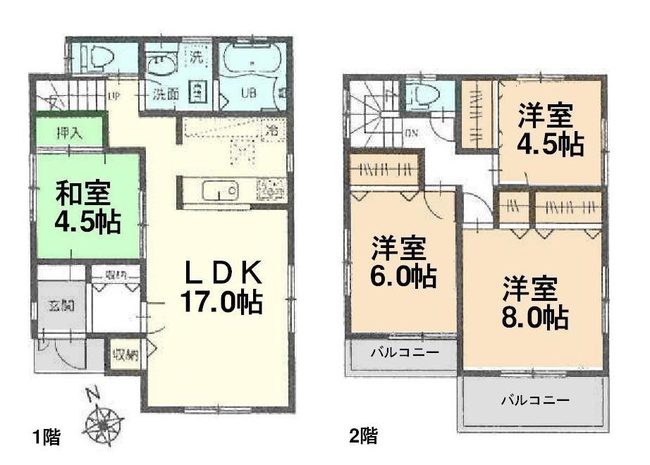 Floor plan. (Building 2), Price 42,800,000 yen, 4LDK, Land area 107.14 sq m , Building area 96.87 sq m
