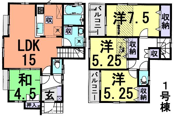 Floor plan. (1 Building), Price 35,300,000 yen, 4LDK, Land area 95.38 sq m , Building area 90.66 sq m