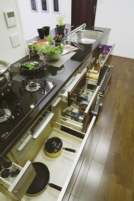 Also convenient and easy to take out things that were closed kitchen slide storage (with baseboards housed) in the back. Soft-close with the ability to quietly open and close