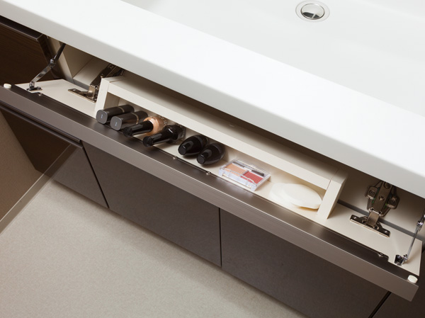 Bathing-wash room.  [Bowl front pocket] Before bowl was a dead space, Providing a space that can hold small items such as makeup tool.